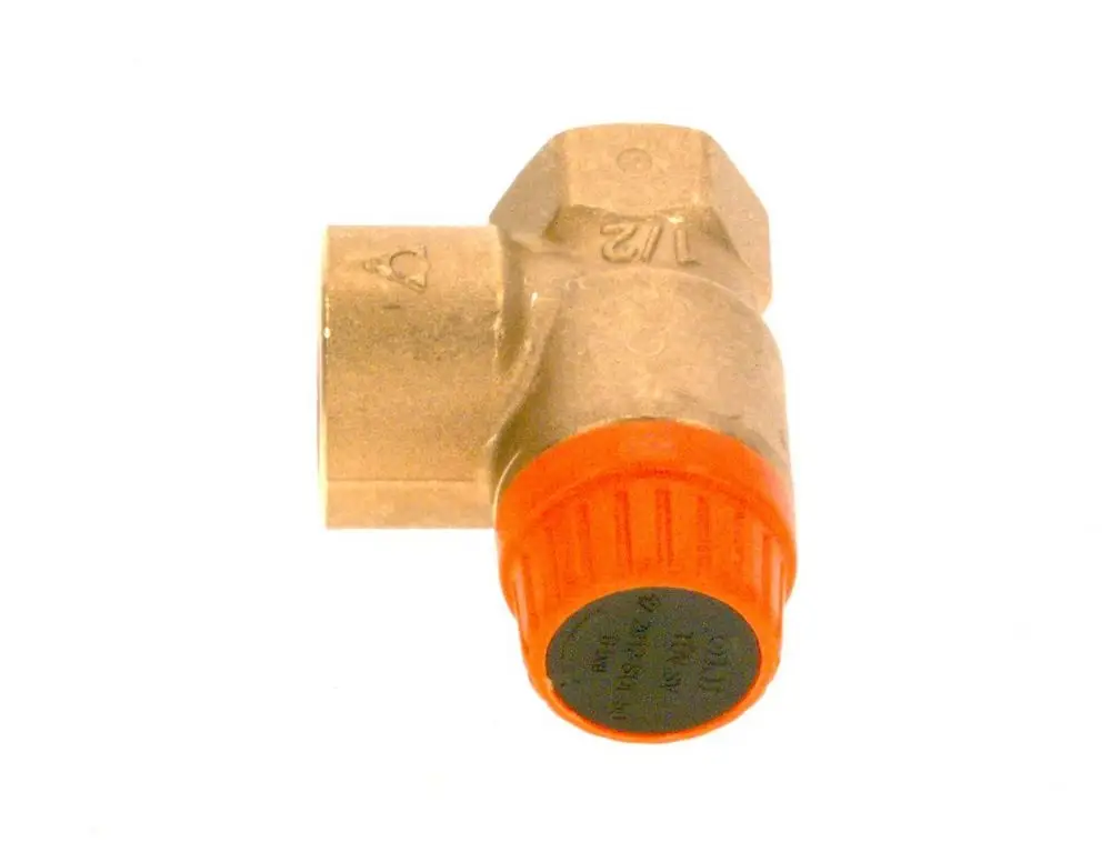 Sicherheitsventil mit orangefarbener Kappe und metallischem Gehäuse, verwendet in Heizungs- oder Wasserversorgungssystemen, hergestellt von Bosch.